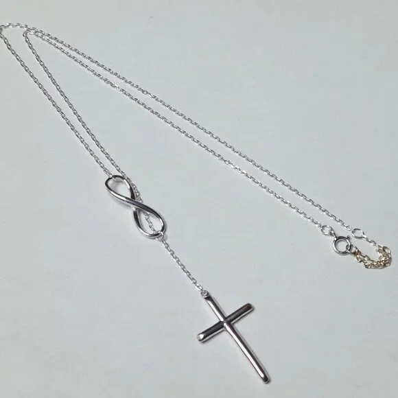 925 Sterling Silver Infinity Cross Pendant Lariat Necklace Religious Jewelry - Picture 3 of 6